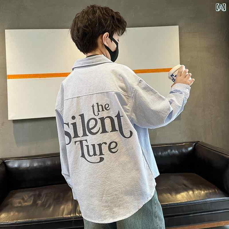 ・カテゴリ: キッズシャツ・対象性別: 男の子・対象年齢: 中大童（8歳以上、身長140cm以上）・スタイル: 個性的、トレンド・ネックライン: 折り襟・生地加工: 柔軟加工・袖丈: 長袖・柄: ストライプ・主な素材: 綿100%・安全基準: B類・カラー: 写真色・対応身長: 120cm、130cm、140cm、150cm、160cm、170cm
