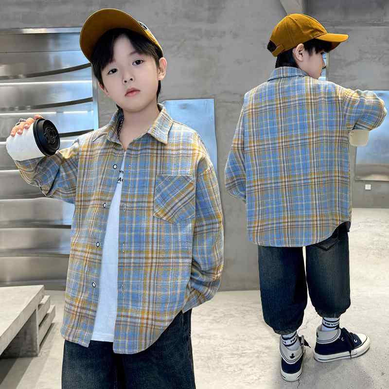 ・カテゴリ: キッズシャツ・対象性別: 男の子・対象年齢: 中大童（8歳以上、140cm以上）・スタイル: 韓国風・ネックライン: 襟付き・袖丈: 長袖・柄: チェック・主な素材: ポリエステル（化繊）・素材割合: 60%・カラー展開: ブルー、イエロー・サイズ展開: 120cm、130cm、140cm、150cm、160cm、170cm