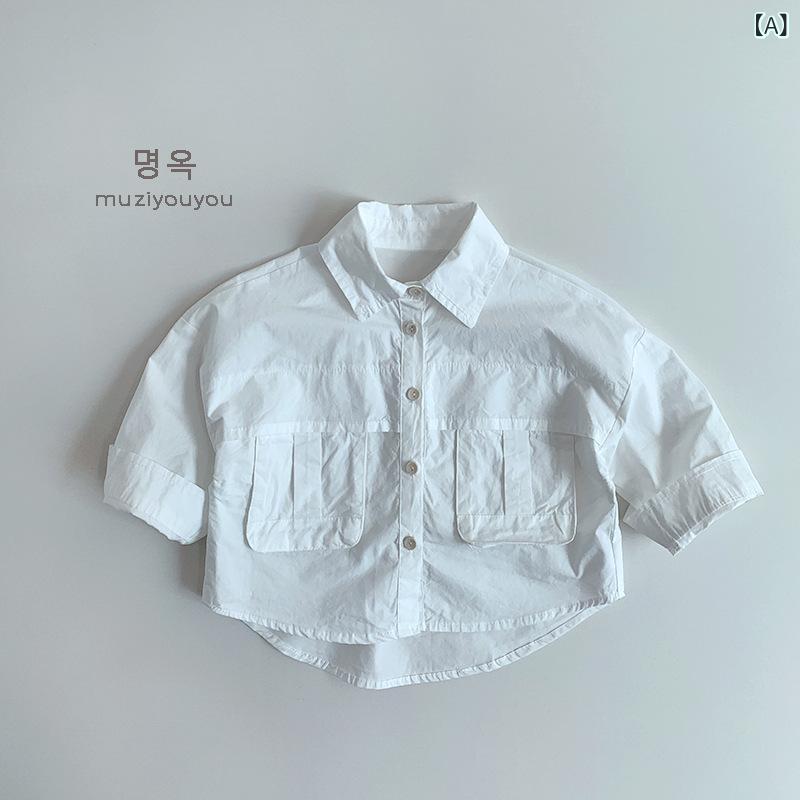 ・カテゴリ: キッズシャツ・対象性別: 男女兼用・対象年齢: 中小童（3〜8歳、100〜140cm）・スタイル: 韓国風・ネックライン: 折り襟・袖丈: 長袖・柄: 無地・主な素材: 綿100%・安全基準: B類・カラー展開: ホワイト、ピーチピンク・サイズ展開: 80cm、90cm、100cm、110cm、120cm、130cm