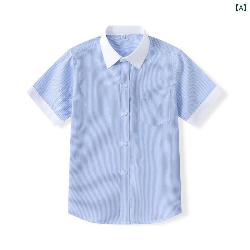 ・カテゴリ: キッズシャツ・対象: 男の子・対象年齢: 3〜8歳・スタイル: スクール風・袖丈: 半袖・素材: 綿100%・カラー: ボーイズストライプ袖口ホワイトパイピング・対応身長: 130cm、140cm、150cm、160cm、165cm、170cm、175cm、180cm