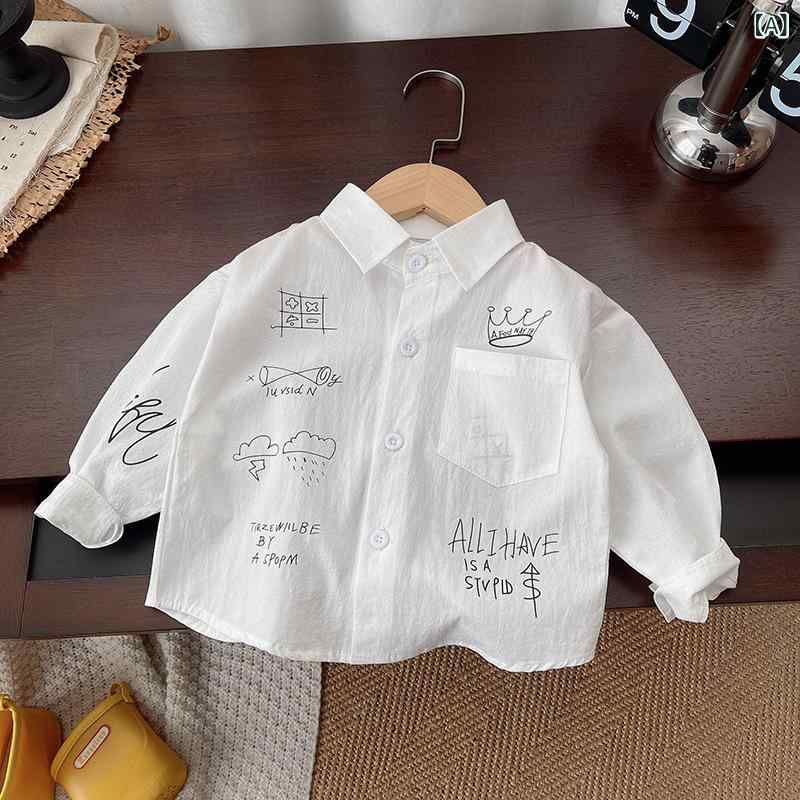 ・カテゴリ: 子供用シャツ・対象性別: 男の子・対象年齢: 乳幼児（1～3歳、身長80～100cm）・スタイル: カジュアル・ネックライン: 折り襟・袖丈: 長袖・柄: キャラクター、アルファベット、プリント・主な素材: 綿95%・安全基準: A類・カラー展開: らくがき風プリントシャツ・サイズ展開: 80cm、90cm、100cm、110cm、120cm