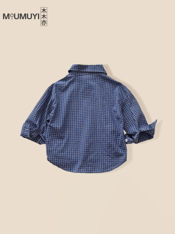 ・カテゴリ: 子供用シャツ・対象性別: 男女兼用・対象年齢: 中小童（3〜8歳、100〜140cm）・スタイル: 韓国風・ネックライン: 襟付き・袖丈: 長袖・柄: チェック・主な素材: 綿100%・カラー展開: ブルー・サイズ展開: 90cm、100cm、110cm、120cm、130cm、140cm