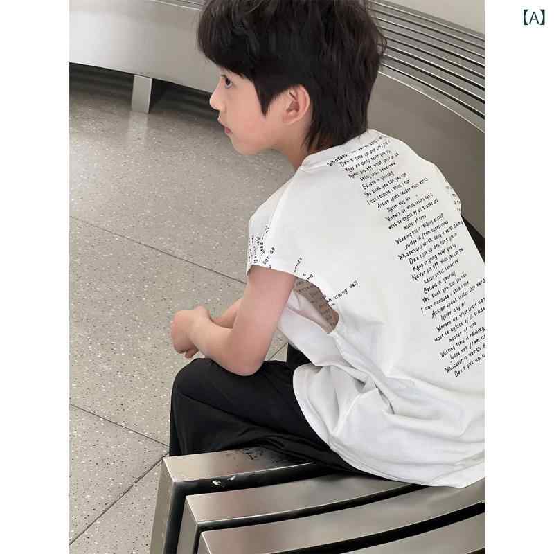 ・カテゴリ: 子供用タンクトップ、子供用キャミソール・性別: ユニセックス・スタイル: 韓国風・デザイン: 袖なし・対象年齢: 中小童（3〜8歳、100〜140cm）・生地加工: 柔軟加工・柄: 英字・主な素材: 綿100%・安全基準: B類・ネックライン: クルーネック・フード: フードなし・カラー展開: ホワイト、ブラック・対応身長: 90cm、100cm、110cm、120cm、130cm、140cm、150cm、160cm