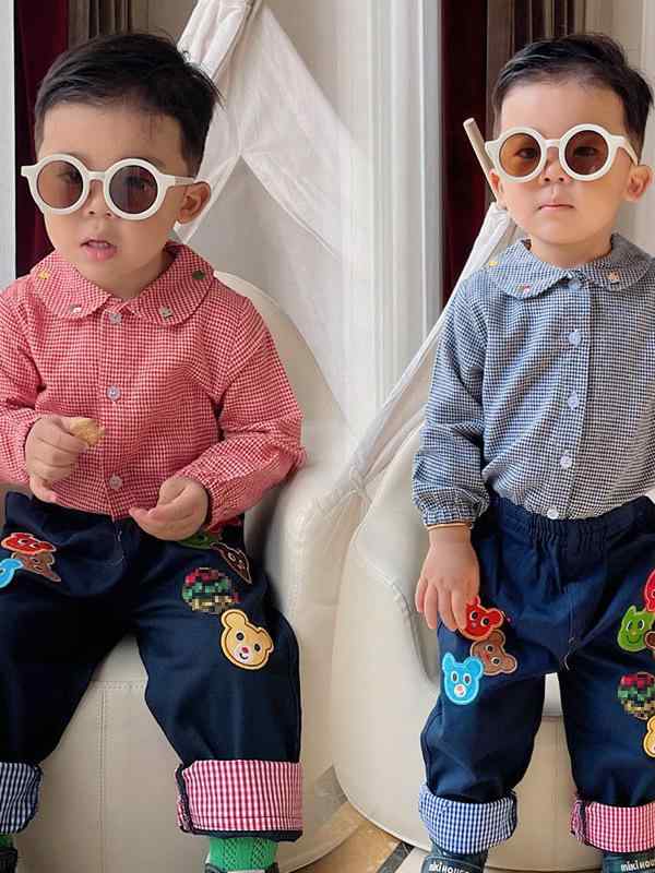 キッズ シャツ 男の子 女の子 長袖 トップス 千鳥格子 コットン 刺繍 レトロ カートゥーン 起毛 春 秋 通園 お出かけ カジュアル レッド ブルー 80 90 100 110 120 130