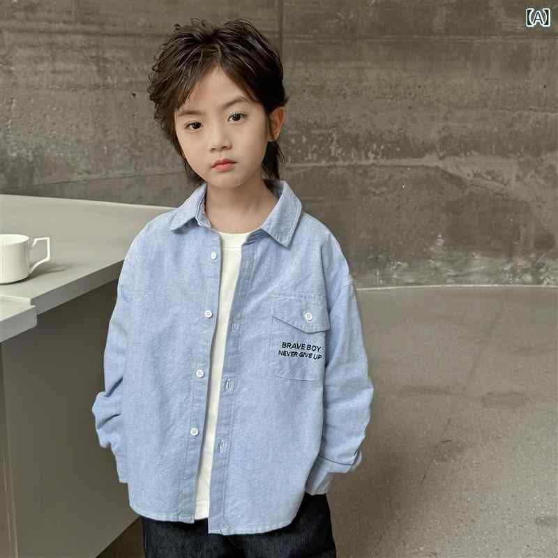 ・カテゴリ: 童シャツ・スタイル: 韓国風・ネックライン: 襟付き・袖丈: 長袖・柄: 無地・主な素材: 綿100%・カラー展開: ブルー・サイズ展開: 110cm、120cm、130cm、140cm、150cm、160cm、170cm