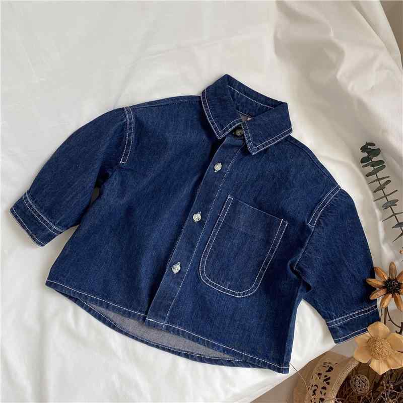 キッズ デニムジャケット アウター 長袖 男の子 女の子 ジュニア 子供服 トップス デニムシャツ カジュアル 羽織り 無地 襟付き 春 秋 お出かけ 通園 通学 ゆったり シンプル 韓国風 おしゃれ 深藍 80 90 100 110 120 130