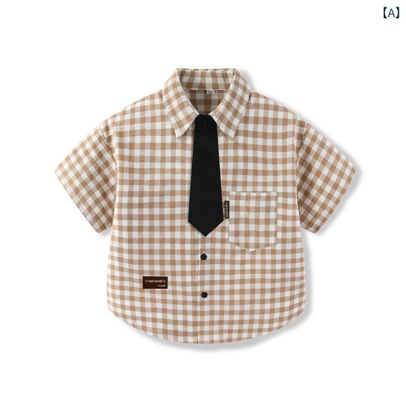 ・カテゴリ: 童シャツ・対象性別: 男女共用・対象年齢: 中小童（3〜8歳、100〜140cm）・スタイル: カジュアル・ネックライン: 襟付き・袖丈: 半袖・主な素材: 綿100%・安全基準: A類・カラー展開: ブルーチェック、ブラウンチェック、チェック・サイズ展開: 90cm、100cm、110cm、120cm、130cm、140cm、150cm、160cm