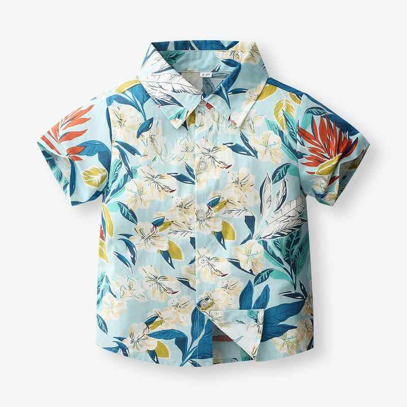 ・カテゴリ: キッズシャツ・対象性別: 男の子・対象年齢: 中小童（3〜8歳、100〜140cm）・スタイル: 欧米風・ネックライン: 折り襟・生地加工: 柔軟処理・袖丈: 半袖・柄: 花柄・仕様: 前開き、プリント・主な素材: 綿100%・安全基準: B類・カラー: ライトグリーン・対応身長: 12-18M、18-24M、2-3Y、4Y、5Y