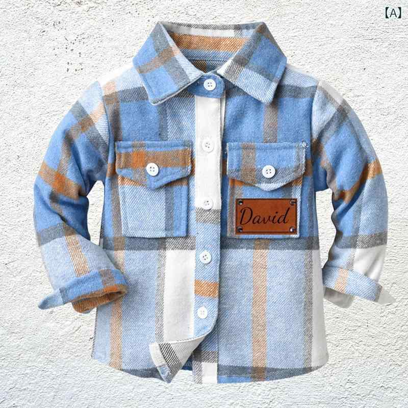・カテゴリ: キッズシャツ・対象性別: 男女兼用・対象年齢: 中小童（3〜8歳、100〜140cm）・スタイル: カジュアル・ネックライン: 折り襟・生地加工: 起毛・袖丈: 長袖・柄: チェック、無地・デザイン要素: チェック、カーディガン、トレンド・素材: ポリエステル、アクリル65%・安全基準: B類・カラー展開: ブルー、コーヒー、ブラック、グレー、粉ブルー、レッド、ダークグリーン、レッドブラック、桃紅色、グリーン、ライトパープル、ダークレッド、オレンジ・サイズ展開: 70cm、80cm、90cm、100cm、110cm、120cm、130cm、140cm、150cm、160cm