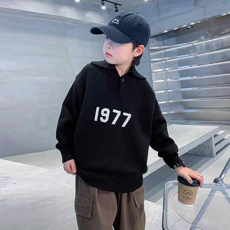 セーター ニット トップス キッズ 男の子 ボーイズ ジュニア 厚手 防寒 暖かい 襟付き 襟 長袖 プルオーバー おしゃれ かっこいい 通学 お出かけ 冬 ブラック 110 120 130 140 150 160 アクリル