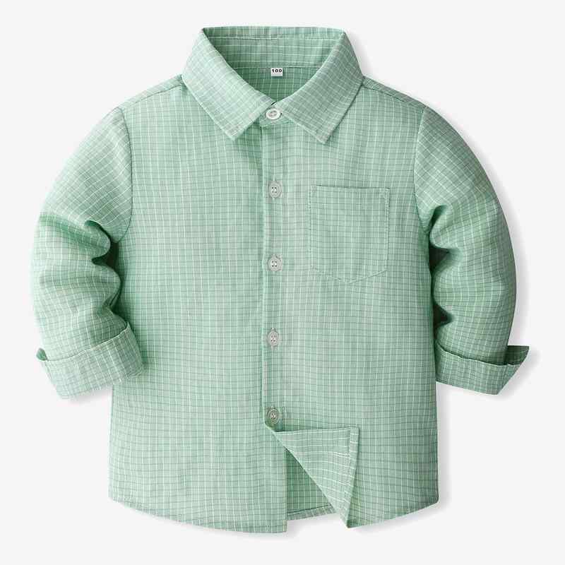 ・カテゴリ: キッズシャツ・対象性別: 男児・対象年齢: 中小童（3〜8歳、100〜140cm）・スタイル: 欧米風・ネックライン: 折り襟・袖丈: 長袖・柄: チェック・生地素材: 綿・主な素材の割合: 100%・安全基準: A類・カラー展開: ライトグリーン・サイズ展開: 2-3Y、4Y、5Y、6Y、7Y