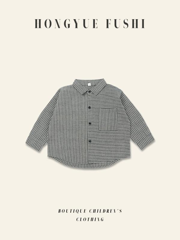 ・カテゴリ: 子供用シャツ・スタイル: 韓国風・性別: 男女兼用・推奨年齢: 1〜3歳（身長80〜100cm）・襟型: 襟付き・袖丈: 長袖・柄: ストライプ・素材: 綿65%、麻35%・カラー展開: 麻色、グレー・サイズ展開: 80cm、90cm、100cm、110cm、120cm、130cm