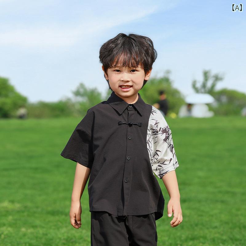・カテゴリ: 子供用シャツ・対象性別: 男女共用・スタイル: 中国風・襟の形: 折り襟・袖丈: 半袖・デザイン特徴: カーディガン、配色、ブリティッシュ風、トレンド・生地素材: 綿70%、モダール30%・カラー展開: ブラック・対応身長: 90cm、100cm、110cm、120cm、130cm、140cm、150cm