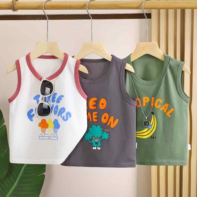 キッズ タンクトップ 男の子 子供服 トップス ノースリーブ Tシャツ 綿100% 薄手 丸首 涼しい 動きやすい 部屋着 通園 通学 お出かけ 夏 グレー バナナ 80 90 100 110 120 130