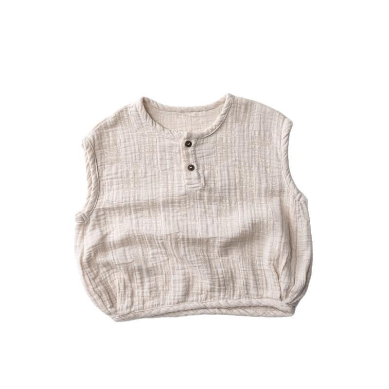 ・カテゴリ: 子供用Tシャツ・対象性別: 男女共用・スタイル: 韓国風・フード: なし・袖丈: ノースリーブ・推奨年齢: 乳幼児（1〜3歳、80〜100cm）、中高小児（3〜8歳、100〜140cm）・加工技術: 柔軟加工・柄: 無地・デザイン要素: トレンド・主な素材: 綿85%・安全基準: B類・ネックライン: クルーネック・機能: 吸湿速乾・カラー展開: カーキ、アプリコット・推奨身長: 80cm、90cm、100cm、110cm、120cm、130cm
