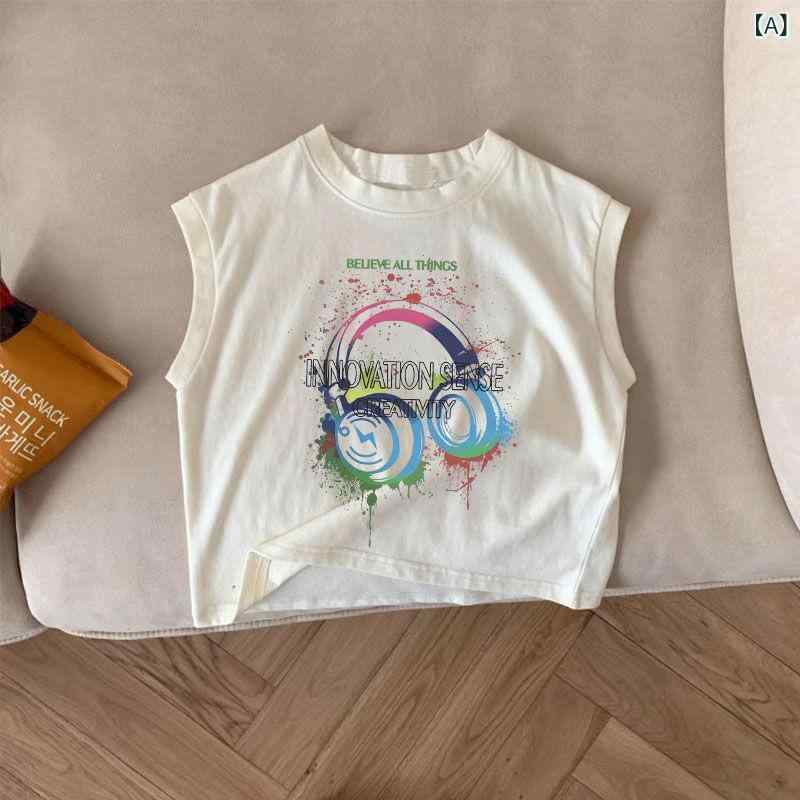 タンクトップ キッズ 男の子 ジュニア トップス インナー コットン 綿 100％ ノースリーブ 丸首 カットソー 薄手 涼しい 夏 お出かけ 通学 通園 プリント 白 黒 紺 ホワイト ブラック ネイビー 80 90 100 110 120 130 1