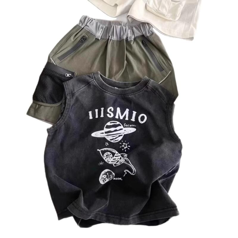 子供服 トップス タンクトップ 男の子 女の子 キッズ ジュニア ノースリーブ tシャツ ヴィンテージ風 アメカジ ウォッシュ加工 吸湿速乾 綿100% 薄手 涼しい スポーツ 通学 お出かけ 夏 水洗黒 110cm 120cm 130cm 140cm