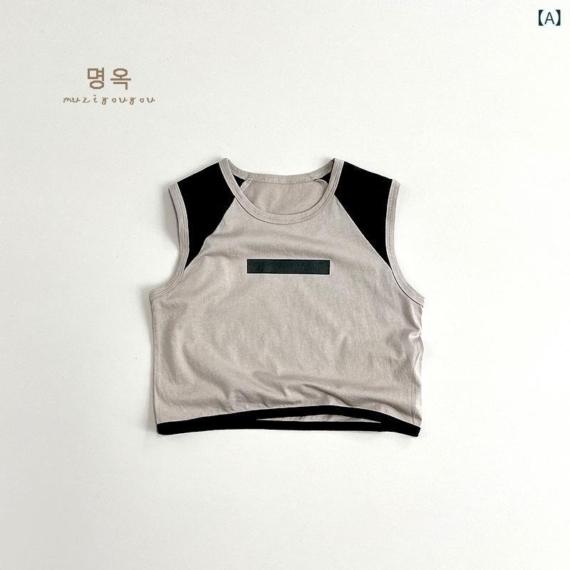・カテゴリ: 子供用Tシャツ・対象性別: 男女共用・スタイル: 韓国風・袖丈: ノースリーブ・対象年齢: 中小童（3～8歳、100～140cm）・主な素材: 綿100%・ネックライン: クルーネック・カラー展開: カーキ、ダークグレー・対応身長: 80cm、90cm、100cm、110cm、120cm、130cm