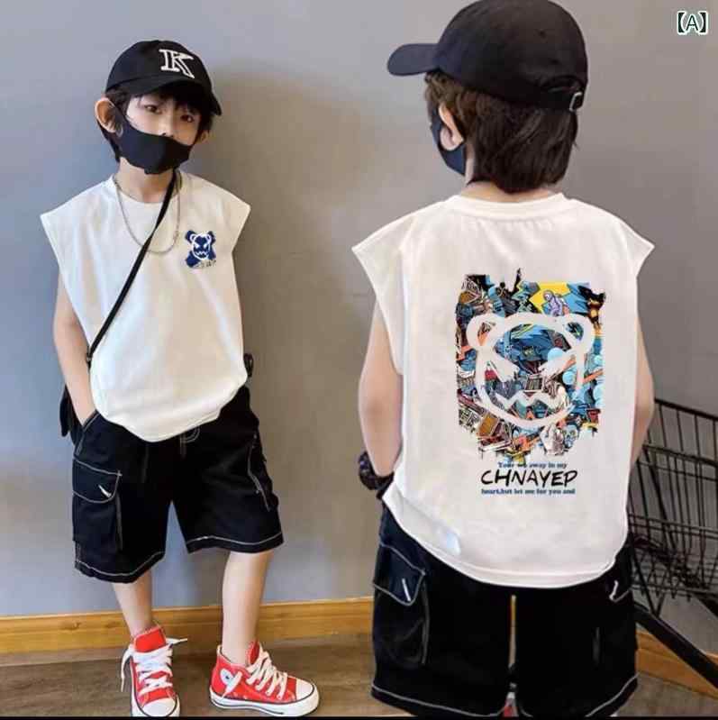 ・カテゴリ: キッズTシャツ・スタイル: カジュアル・ネックライン: クルーネック・袖丈: ノースリーブ・柄: キャラクター、プリント・主な素材: 綿100%・機能: 吸湿速乾・カラー展開: ホワイト（背心落書き）、ブラック（背心落書き）、ホワイト（背心クラクラボーイ）、ダークグレー（背心クラクラボーイ）、ホワイト（背心宇宙飛行士）、ダークグレー（背心宇宙飛行士）、ホワイト（背心前後SKAスケートボード）・サイズ展開: 90cm、100cm、110cm、120cm、130cm、140cm、150cm、160cm