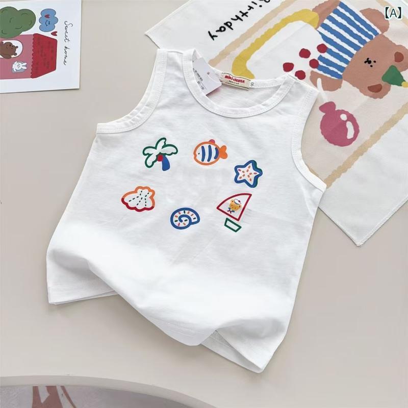 子供服 Tシャツ 男の子 女の子 キッズ トップス ノースリーブ 袖なし タンクトップ 綿100% コットン 吸湿 速乾 キャラクター プリント 丸首 クルーネック カジュアル 春 夏 通園 通学 旅行 お出かけ 白 青 黄 90 100 110
