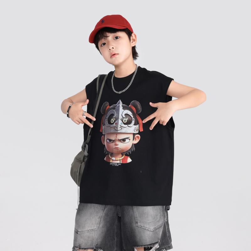 ・カテゴリ: キッズTシャツ・対象性別: 男の子・スタイル: 韓国風・フード: なし・袖丈: ノースリーブ・対象年齢: 中大童（8歳以上、140cm以上）・生地加工: 柔軟処理・柄: カートン、英字、プリント・主な素材: 綿100%・安全基準: B類・ネックライン: クルーネック・機能: 吸湿速乾・カラー展開: ブラック、ベージュ・サイズ展開: 130cm、140cm、150cm、160cm、170cm