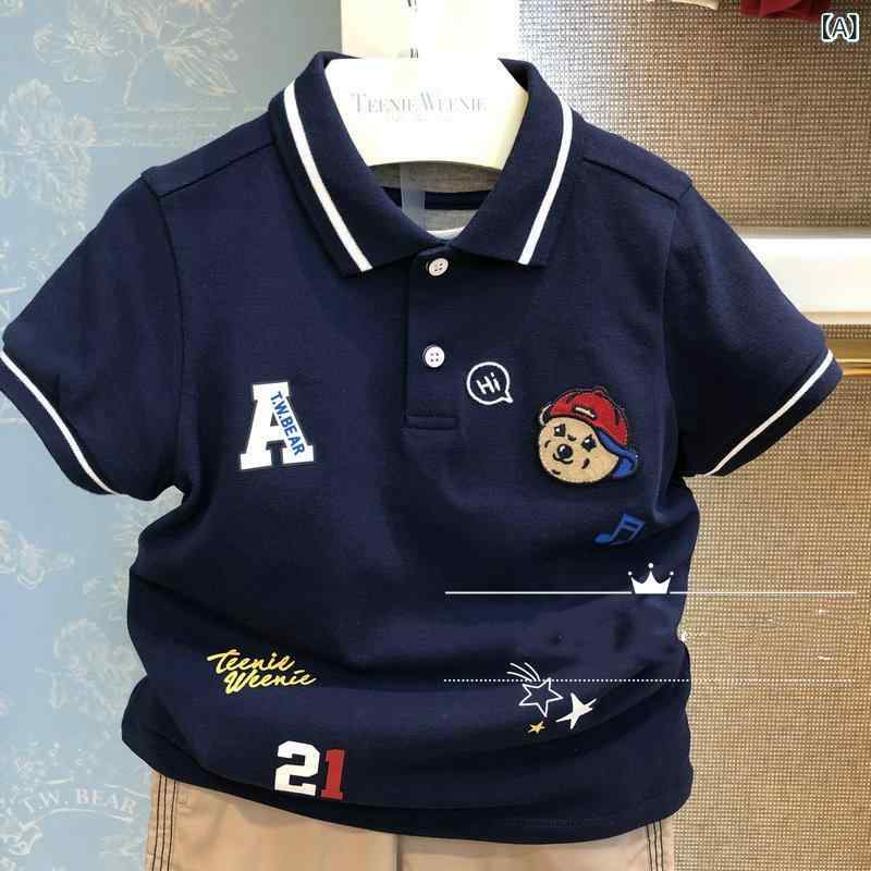 ・カテゴリ: キッズTシャツ・対象性別: 男の子・スタイル: 韓国風・フード: なし・袖丈: 半袖・対象年齢: 中小童（3～8歳、100～140cm）・生地加工: 柔軟加工・デザイン要素: キャラクター・主な素材: 綿100%・安全基準: B類・ネックライン: ポロカラー・機能: 通気性・カラー展開: ネイビー・サイズ展開: 130cm、140cm、150cm