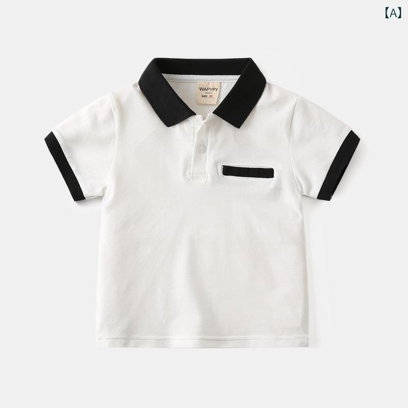 ・カテゴリ: キッズTシャツ・対象性別: 男の子・スタイル: カジュアル・フードの有無: フードなし・袖丈: 半袖・対象年齢: 中小童（3〜8歳、100〜140cm）・生地加工: 柔軟処理・柄: 無地・デザイン要素: トレンド・主な素材: 綿混紡・メイン素材の割合: 95%・ネックライン: 襟付き（ポロカラー）・カラー展開: ホワイト、イエロー、グレー、ライトブルー・対応身長: 90cm、100cm、110cm、120cm、130cm