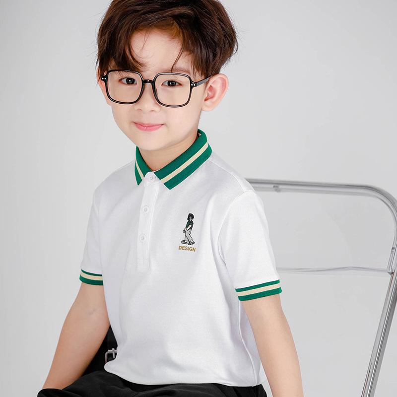 ・カテゴリ: キッズTシャツ・対象性別: 男児・スタイル: 韓国風・フード: なし・袖丈: 半袖・対象年齢: 中小童（3～8歳、100～140cm）・生地加工: 防炎、柔軟処理・柄: 無地・デザイン要素: トレンド・素材: コーマ綿・主な素材: 綿95%・ネックライン: 折り襟・機能: 吸湿速乾・カラー展開: ホワイト、ブラック、アプリコット、オレンジ・対応身長: 100cm、110cm、120cm、130cm、140cm、150cm、160cm