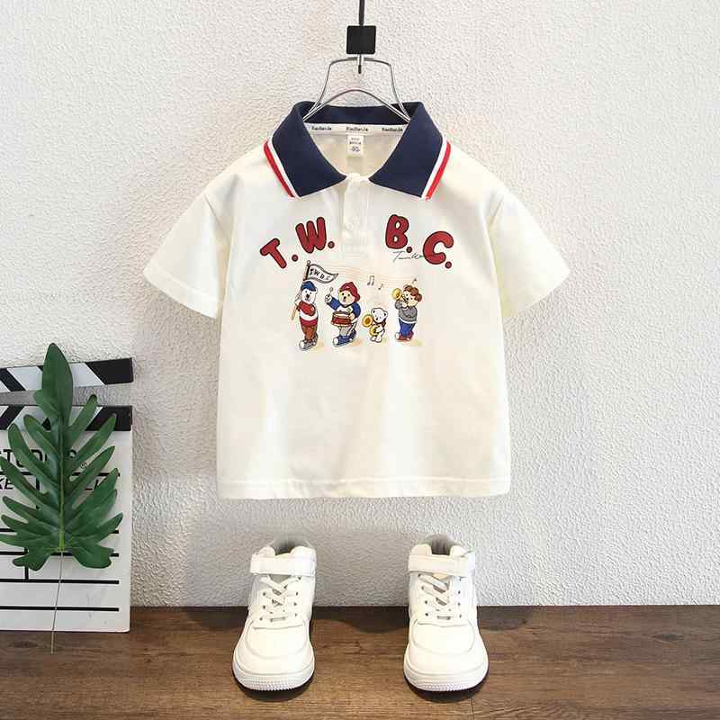 ・カテゴリ: キッズTシャツ・対象性別: 男の子・スタイル: 韓国風・フード: なし（フードなし）・袖丈: 半袖・対象年齢: 中小の子供（3～8歳、100～140cm）・生地加工: 柔軟処理・柄: キャラクター・主な素材: 綿80%・安全基準: B類・ネックライン: ポロカラー（襟付き）・機能: 吸湿速乾・カラー展開: ホワイト・対応身長: 90cm、100cm、110cm、120cm、130cm、140cm、150cm