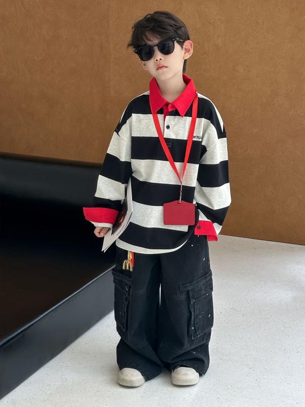 子供 トレーナー トップス 男の子 長袖 ポロシャツ 襟付き 春 秋 冬 コット100％ ストライプ ゆったり カジュアル 通学 旅行 キッズ ボーイズ スウェット プルオーバー 100cm 110cm 120cm 130cm