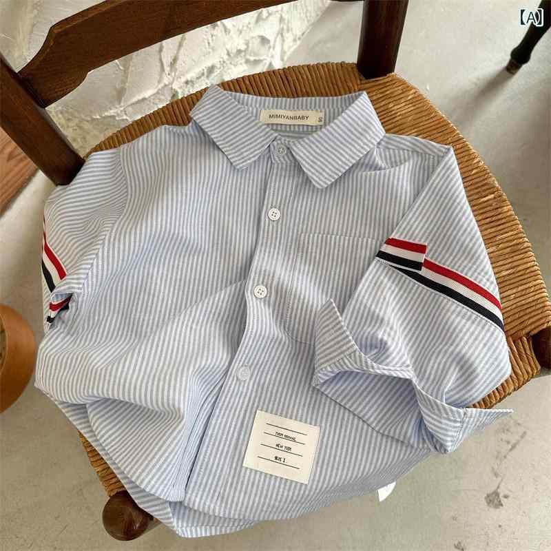 ・カテゴリ: 子供用シャツ・対象性別: 男の子・対象年齢: 中小童（3〜8歳、100〜140cm）・スタイル: カジュアル・ネックライン: 折り襟・袖丈: 長袖・柄: ボーダー・素材: 綿・カラー展開: ライトブルーボーダー、オフホワイト、ブルーボーダー、ホワイト、ボーダー・サイズ展開: 8229.6cm、9144cm、10058.4cm、10972.8cm、11887.2cm、12801.6cm