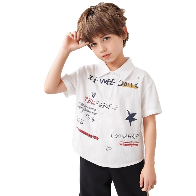 男の子 シャツ キッズ 半袖 トップス 羽織り 薄手 コットン 綿 100 110 120 130 140 150 夏服 子供服 白 青 韓国 ファッション カジュアル 運動 お出かけ 通園 通学 英字 アルファベット プリント おしゃれ