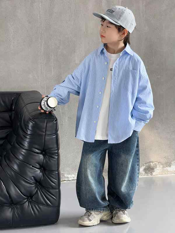 ・性別: キッズ（男の子）・対象年齢: 8歳以上（身長140cm以上）・スタイル: 韓国風・ネックライン: 襟付き・生地加工: ソフト加工・袖丈: 長袖・柄: ボーダー・素材: 綿98%・安全基準: B類・カラー: ロイヤルブルー・対象身長: 100cm、110cm、120cm、130cm、140cm、150cm、160cm、170cm・カテゴリ: キッズシャツ