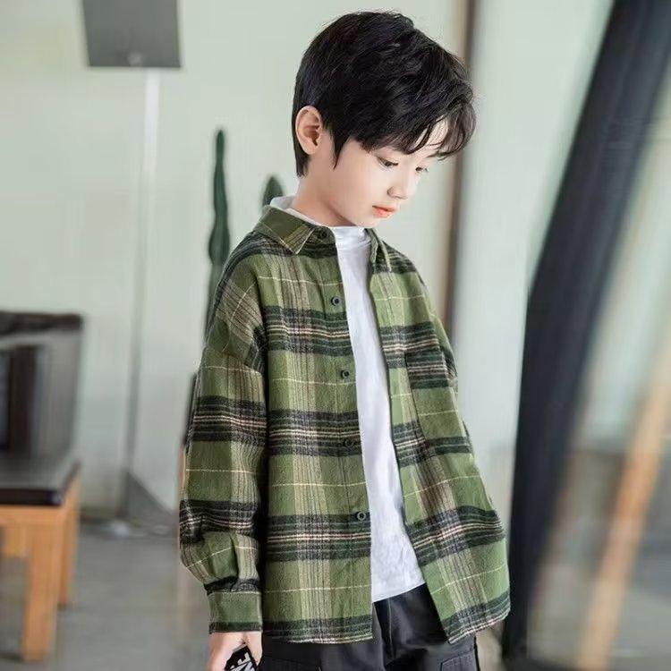 キッズ シャツ 男の子 長袖 チェック柄 格子 ボタン 襟付き トップス 羽織り カジュアル 韓国風 お出かけ 通学 普段使い 春 秋 冬 グリーン 120cm 130cm 140cm 150cm 160cm 170cm