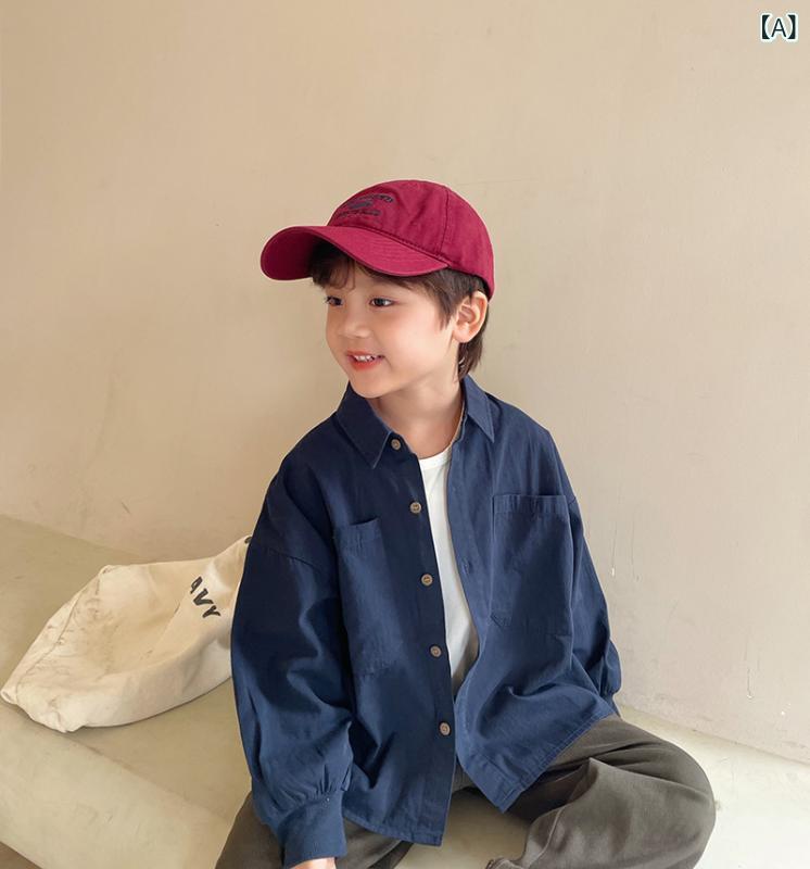 ・カテゴリ: 子供用シャツ・対象性別: 男性・スタイル: カジュアル、ブリティッシュスタイル、トレンド・ネックライン: 折り襟・袖丈: 長袖・柄: 無地・主な素材: 綿95%・カラー展開: ネイビー、キャラメル・サイズ展開: 90cm、100cm、110cm、120cm、130cm、140cm、150cm