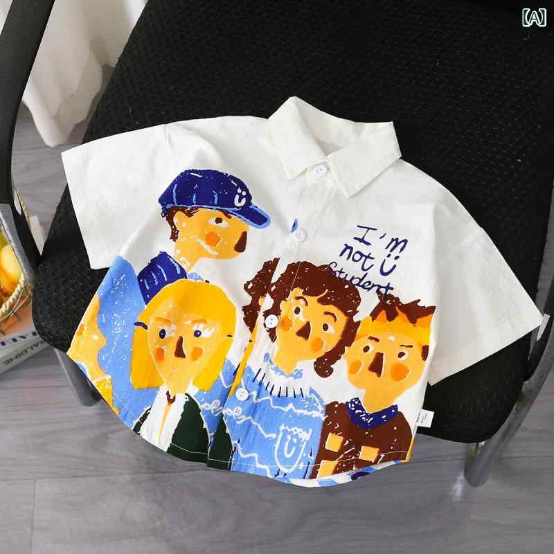 キッズシャツ 半袖シャツ トップス 男の子 女の子 キッズ ジュニア 子供服 子供 コットン 綿100 襟付き 前開き ボタン 薄手 通気性 柔らかい カジュアル アメカジ ロゴ カートゥーン 通園 通学 お出かけ 春 夏