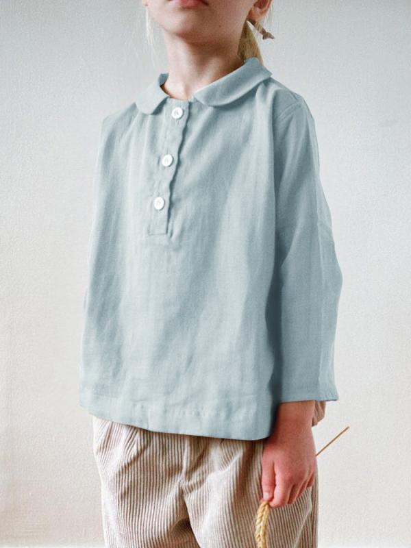 ・カテゴリ: キッズシャツ・対象性別: 男女共用・対象年齢: 中小童（3～8歳、100～140cm）・スタイル: カジュアル、百搭・ネックライン: 娃娃領・袖丈: 長袖・主な素材: 綿混紡・綿含有量: 70%・カラー展開: グレーブルー、ホワイト・対応身長: 100cm、110cm、120cm、130cm、140cm