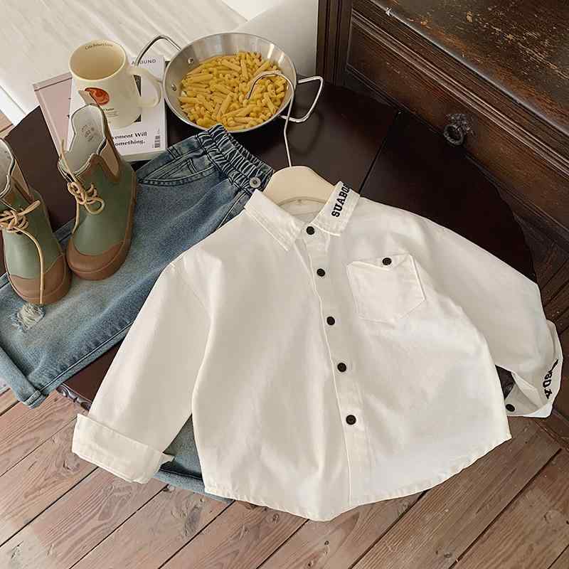 キッズ 衬衫 男の子 女の子 長袖 トップス 綿 100% 120cm 130cm 140cm 150cm 160cm 170cm シャツ 白 襟 刺繍 ロゴ 通学 お出かけ 旅行 秋 韓国風 子供服 おしゃれ カジュアル ジュニア ベビー 上着