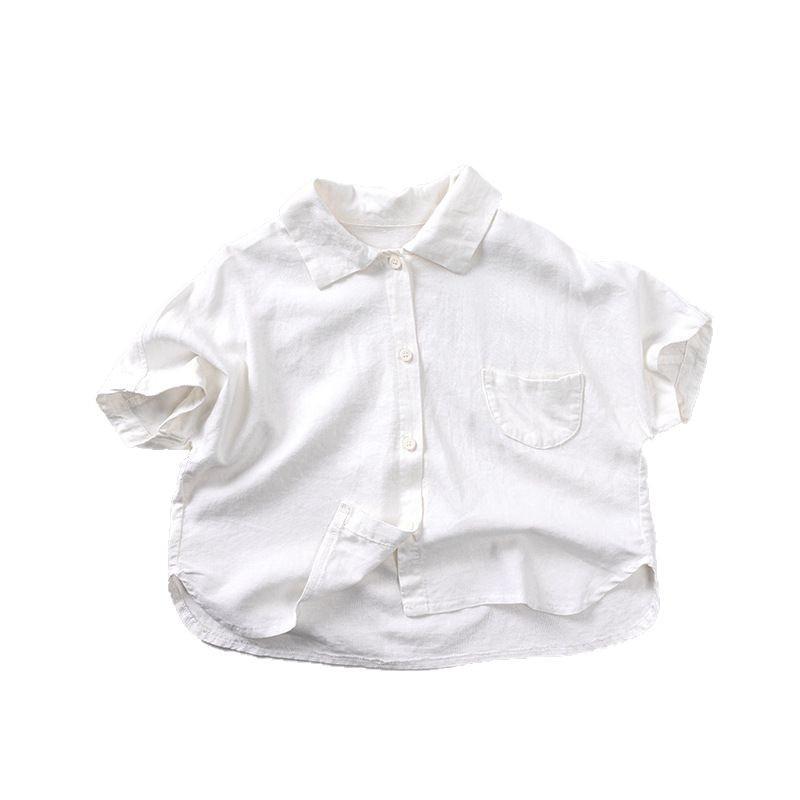 子供 シャツ 男の子 女の子 半袖 襟付き リネン 麻 涼しい 薄手 トップス カジュアル キッズ 服 おしゃれ 春 夏 通学 通園 お出かけ 白 灰紫 80 90 100 110 120 130 140 こども 幼児