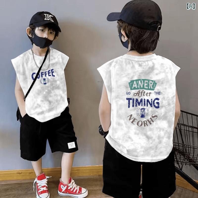 タンクトップ キッズ 男の子 ジュニア ノースリーブ Tシャツ 綿100 トップス カットソー 薄手 涼しい タイダイ 染め ラウンドネック 丸首 カジュアル 通学 お出かけ 夏服 ホワイト ブラック カーキ 110-160cm