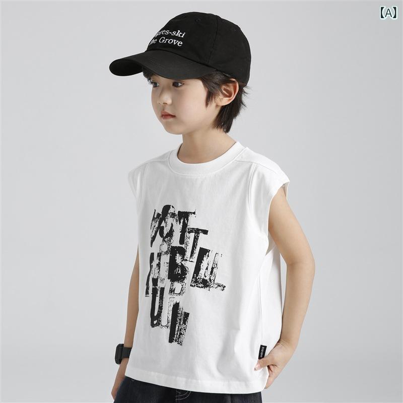 ・カテゴリ: 子供用タンクトップ、キャミソール・対象性別: 男性・スタイル: 韓国風・袖丈: ノースリーブ・対象年齢: 中大童（8歳以上、140cm以上）・生地加工: 柔軟加工・柄: 英字・主な素材: 綿100%・安全基準: B類・ネックライン: クルーネック・フード: なし・カラー展開: ホワイト、レッド、アプリコット・サイズ展開: 110cm、120cm、130cm、140cm、150cm、160cm、170cm