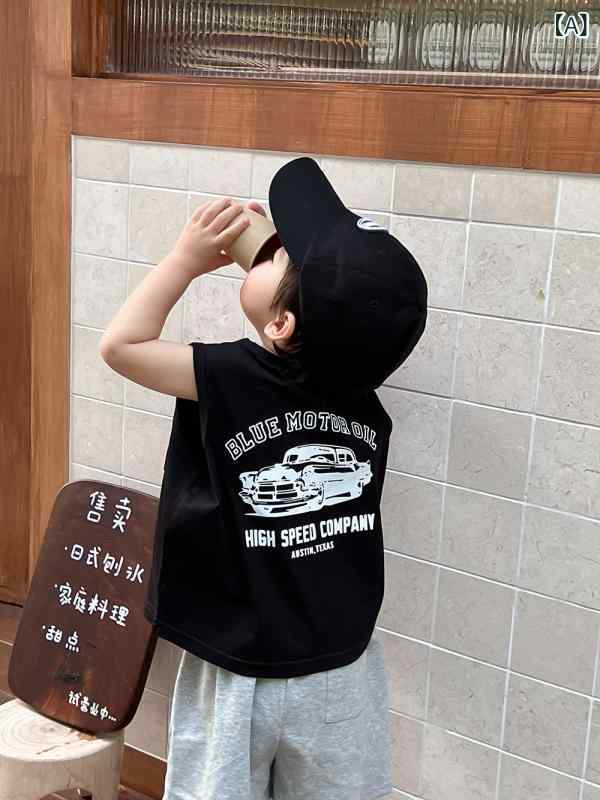 ・カテゴリ: 子供用タンクトップ・対象性別: 男児・スタイル: ヒップホップ・タイプ: ノースリーブ・対象年齢: 1〜3歳（身長80〜100cm）・生地加工: 柔軟処理・柄: カートン、プリント、パッチワーク・デザイン要素: スポーツ、アルファベット、キュート、ストリート、ヨーロピアン・主な素材: 精梳綿・素材構成: 綿94%・安全基準: A類・ネックライン: クルーネック・フード: なし・カラー展開: ブラック、ホワイト・対応身長: 80cm、90cm、100cm、110cm、120cm