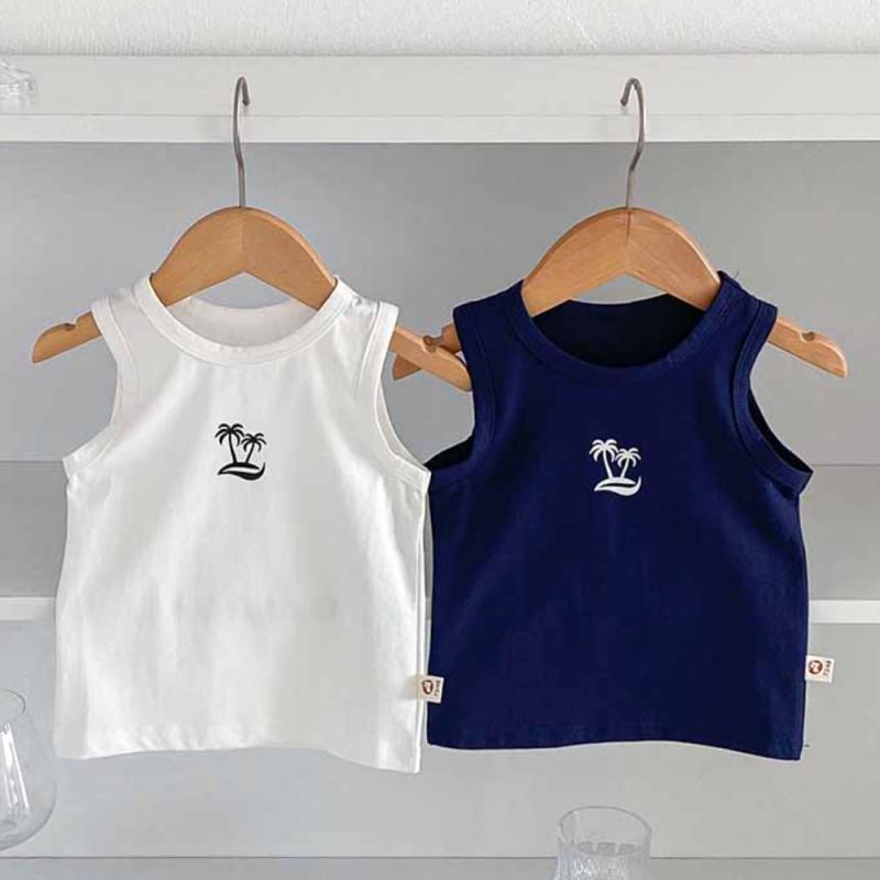 ・性別: 男女共用・スタイル: カジュアル・デザイン: 袖なし・対象年齢: 乳幼児（1～3歳、80～100cm）・生地加工: 柔軟処理・柄: キャラクター・素材: 綿95%・安全基準: A類・ネックライン: クルーネック・フード: フードなし・カラー展開: ホワイトヤシの木、ブルーヤシの木・サイズ展開: 73cm、80cm、90cm、100cm・カテゴリ: 子供用タンクトップ・キャミソール