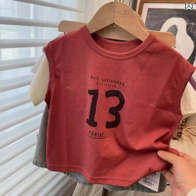 ・カテゴリ: 子供用Tシャツ・対象性別: 男性・スタイル: カジュアル・フード: なし・袖丈: ノースリーブ・対象年齢: 中小童（3～8歳、100～140cm）・生地加工: 柔軟加工・柄: アルファベット、プリント・素材: 綿・主な素材の含有量: 91%～95%・安全基準: B類・ネックライン: クルーネック・機能: 吸湿速乾・カラー展開: レッド（タンクトップ）・サイズ展開: 80cm、90cm、100cm、110cm、120cm、130cm、140cm