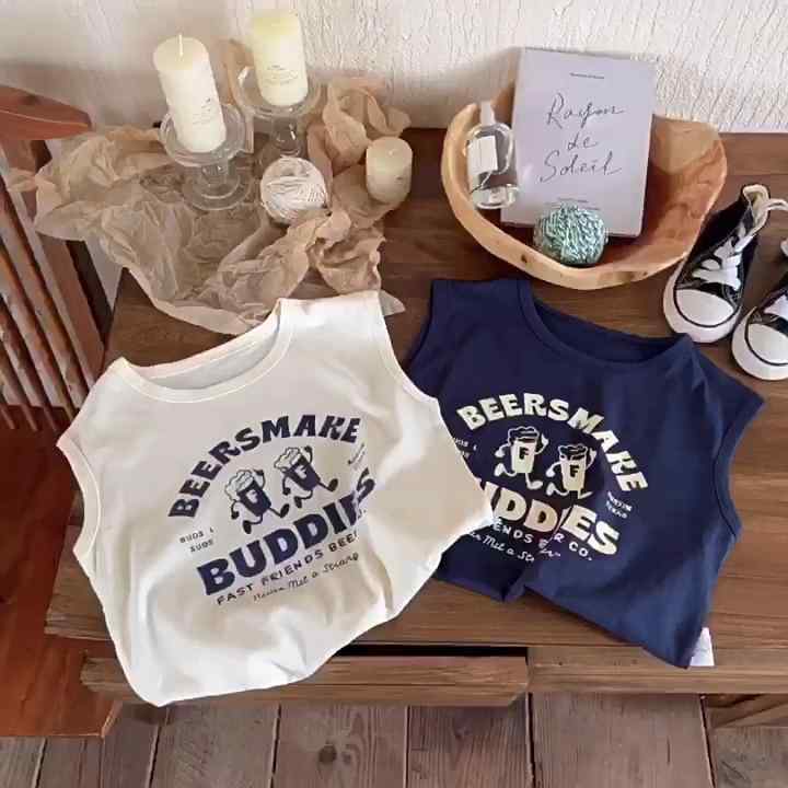 ・カテゴリ: 子供用Tシャツ・対象性別: 男女共用・スタイル: 韓国風・袖丈: ノースリーブ・対象年齢: 新生児、乳幼児（1～3歳）、中高学年児（8歳以上）、低中学年児（3～8歳）・柄: キャラクター・主な素材: 綿100%・ネックライン: クルーネック・機能: 吸湿速乾・カラー展開: ホワイト、ネイビー・対象身長: 80cm、90cm、100cm、110cm、120cm、130cm、140cm、150cm