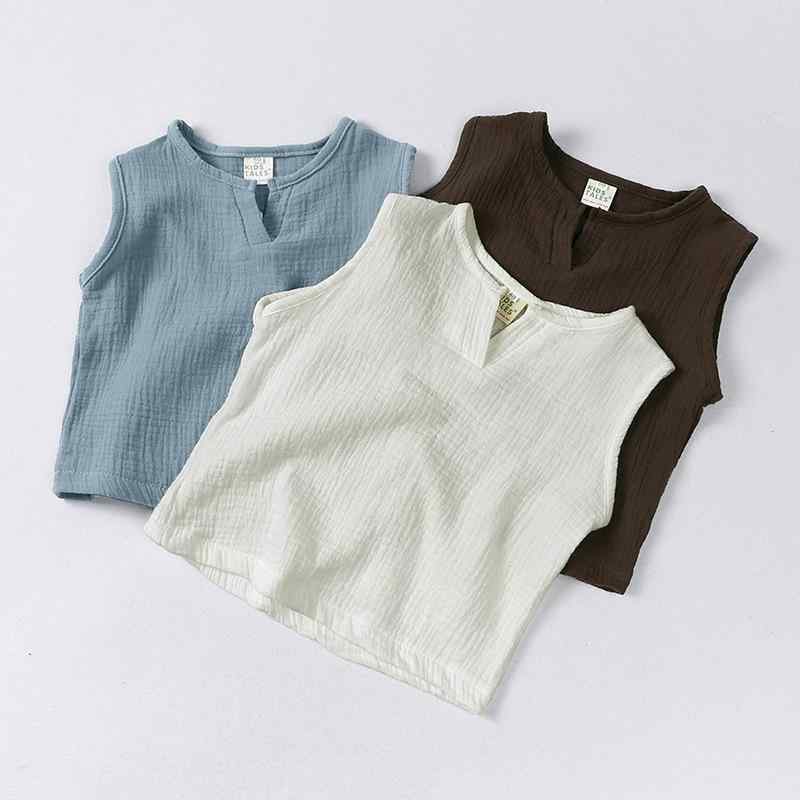 タンクトップ キッズ 男の子 女の子 トップス 半袖なし 涼しい 綿麻 コットン シワ加工 インナー シャツ シンプル 無地 カジュアル 通園 通学 普段使い 運動会 夏 80 90 100 110 120 130 140 ライトブルー ブラウン ホワイ