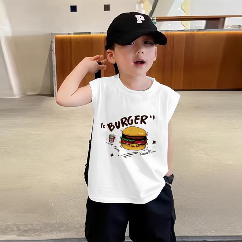 ・カテゴリ: 子供用タンクトップ・キャミソール・対象性別: 男性・スタイル: ノースリーブ・生地加工: 柔軟加工・柄: キャラクター・主な素材: 綿・ネックライン: クルーネック・フード: フードなし・カラー展開: ホワイト（ハンバーガー・ポテト）、ピンク（ハンバーガー・ポテト）、ブラック（ハンバーガー・ポテト）、ダークグレー（ハンバーガー・ポテト）・サイズ展開: 110cm、120cm、130cm、140cm、150cm、160cm