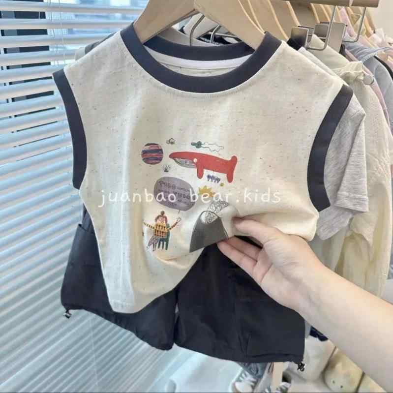 ・カテゴリ: 子供用タンクトップ、キャミソール・対象性別: 男女共用・スタイル: スポーツ・デザイン: 袖なし・対象年齢: 中小の子供（3～8歳、100～140cm）・生地加工: 柔軟処理・柄: キャラクター・主な素材: 綿90%・安全基準: Aクラス・ネックライン: クルーネック・フード: なし・カラー展開: アプリコット・展開サイズ: 8229.6cm、9144cm、10058.4cm、10972.8cm、11887.2cm、12801.6cm