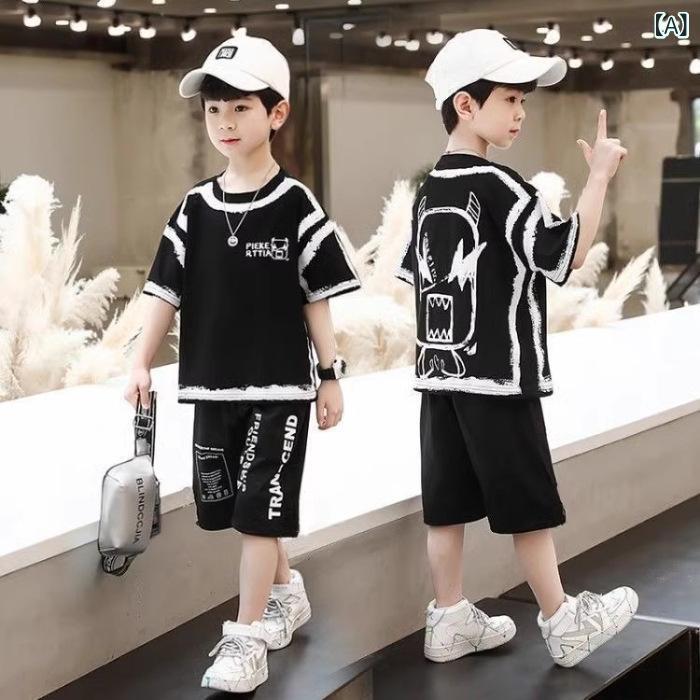 キッズ セットアップ 男の子 女の子 ジュニア 半袖 Tシャツ ハーフパンツ 上下セット 綿 薄手 涼しい スポーツ キャラクター カジュアル プリント 通学 お出かけ 夏 黒 白 100 110 120 130 140 150 160