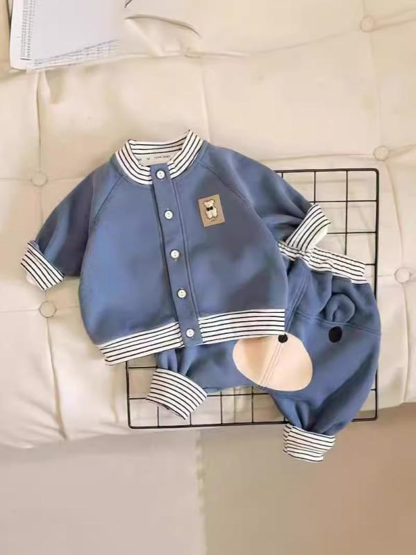 ベビー服 セットアップ 男の子 女の子 長袖 トップス ズボン 上下セット ロングパンツ ハイウエスト 腹巻付き コットン 綿 A級 動きやすい 快適 かわいい アニマル ストライプ お出かけ 通園 ベージュ 灰色 青 春 秋